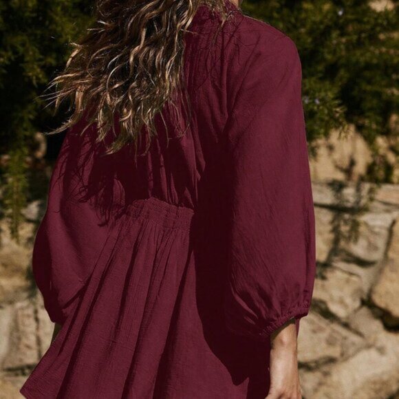 Burgundy Casual Women's Boho Elegant Mini Dress - Picture 2 of 8